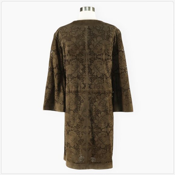 Jigsaw Suede 100% Leather Laser Cut Long Brown Olive Snap Front Coat Jacket M - Picture 4 of 7